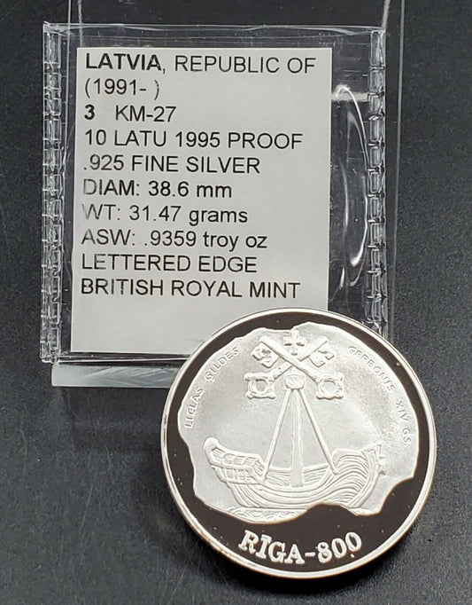 1995 LATVIA 10 LATU  SILVER  PROOF COIN KM-27 RIGA 800