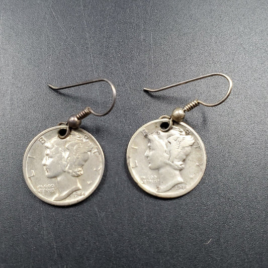 1 PAIR OF MERCURY 90% SILVER DIME EAR RING PENDANTS STYLE 2