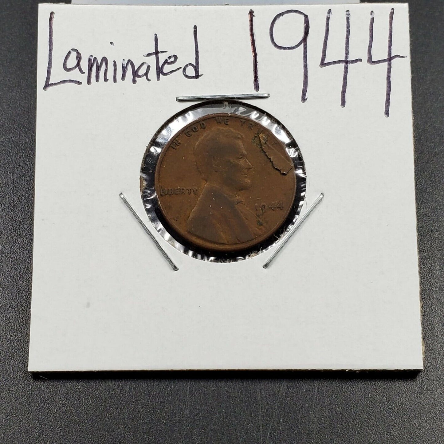 1944 p 1c Lincoln Wheat Cent Penny Coin Laminated Planchet Error WW2 ERA