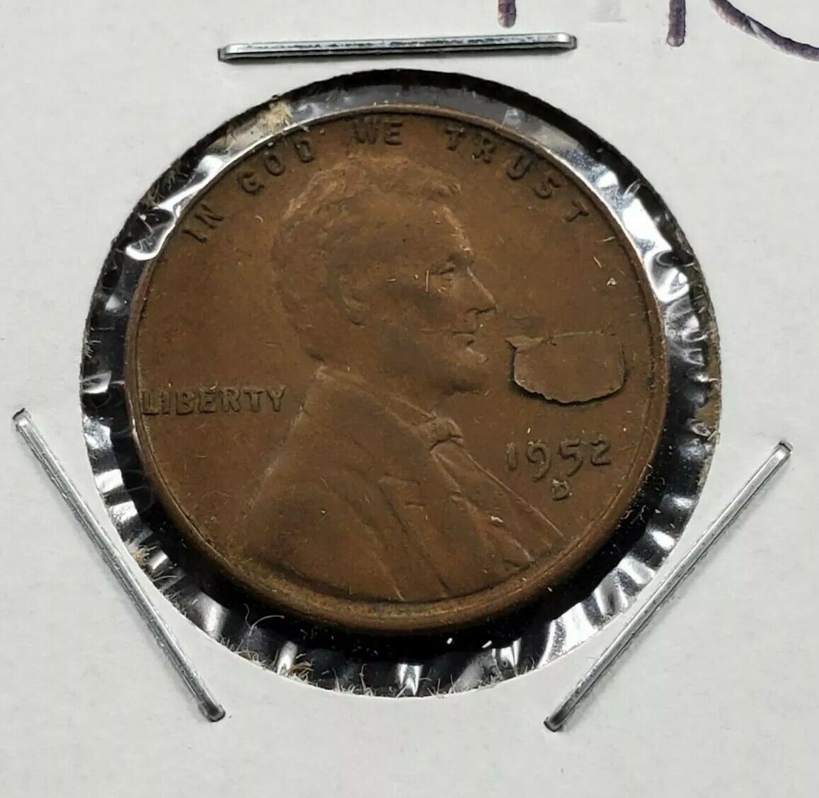 1952 D 1c Lincoln Wheat Cent Penny Coin Laminated Planchet Error