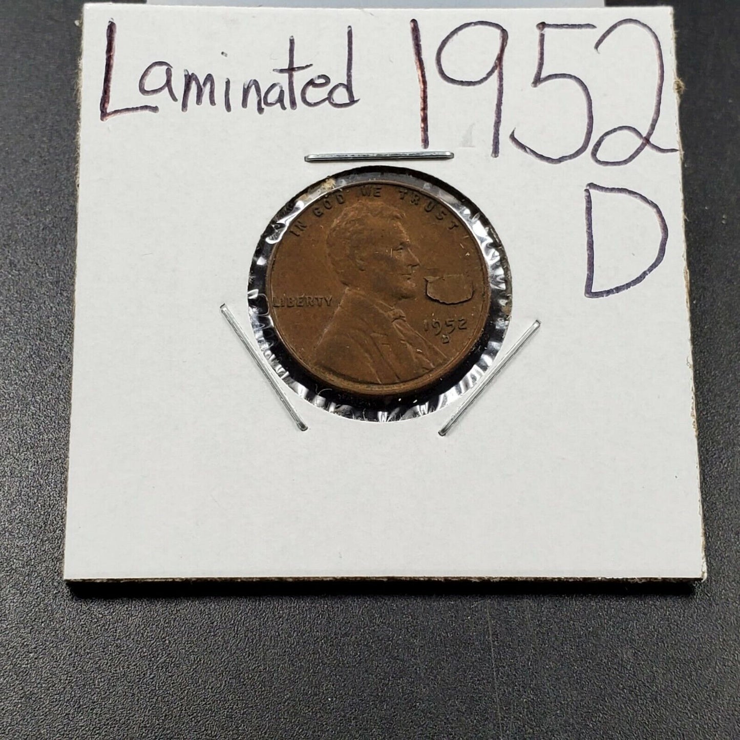1952 D 1c Lincoln Wheat Cent Penny Coin Laminated Planchet Error