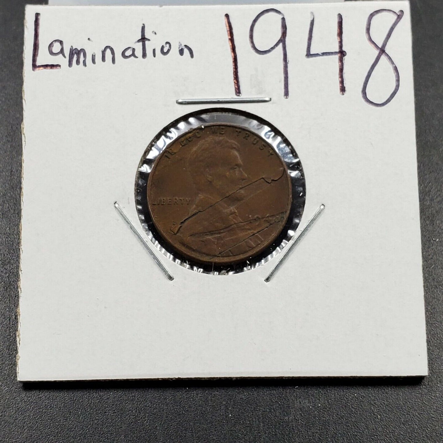 1948 p 1c Lincoln Wheat Cent Penny Coin Laminated Planchet Error