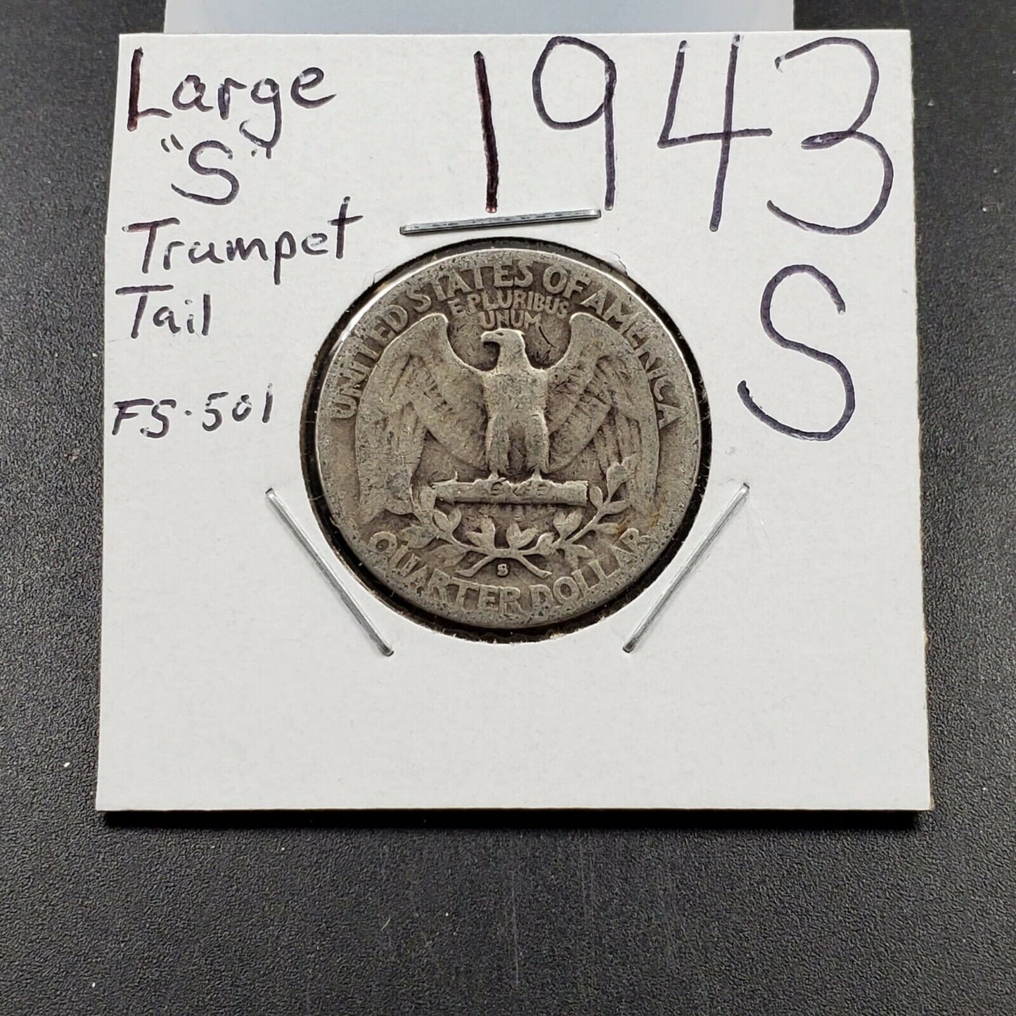 1943 S 25C Washington Quarter Silver WW2 Coin Trumet Tail MM Variety AG / Good
