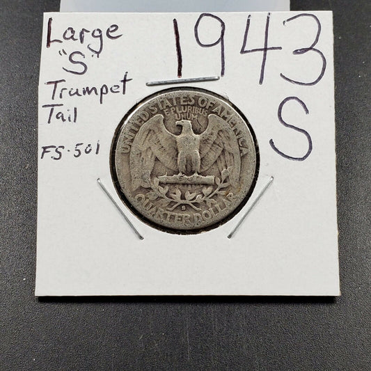 1943 S 25C Washington Quarter Silver WW2 Coin Trumet Tail MM Variety AG / Good