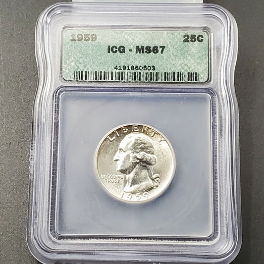 1959 P Washington Silver Quarter Coin ICG MS67 Gem BU Uncirculated No Toning