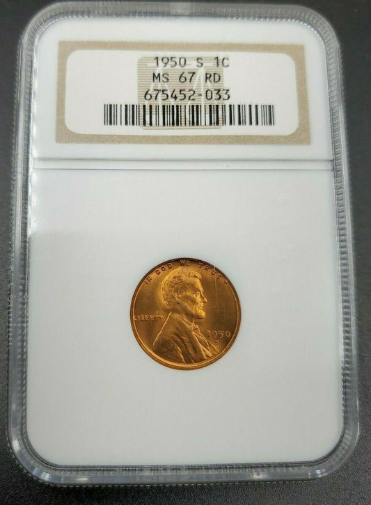 1950 S Lincoln Wheat Cent Penny Coin MS67 NGC Red RD ANA Brown Label Case Gem BU