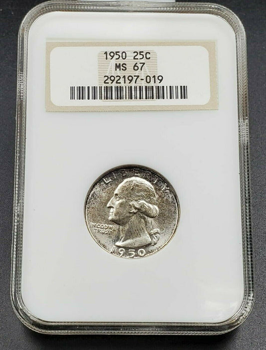 1950 P Washington Silver Quarter Coin NGC MS67 OFH Old Fat Holder PQ Coin
