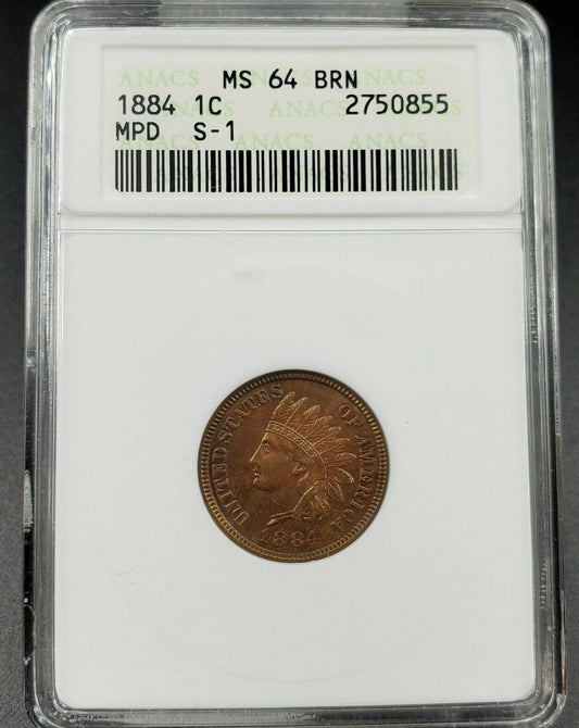 1884 Indian Cent Penny Variety Error ANACS MS64 BN FS-401 S-1 Wow Blaze Coin MPD