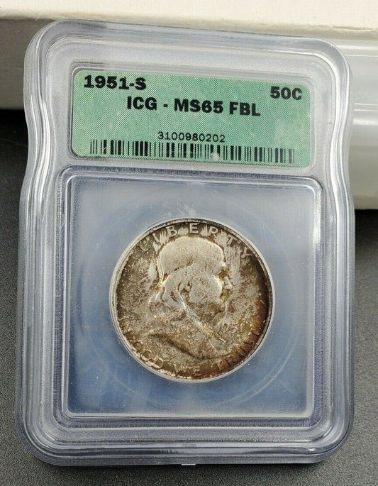 1951 S Franklin Silver Half Dollar Coin Vintage ICG MS65 FBL Toned Nice Coin