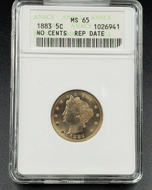 1883 No Cents Liberty V Nickel Variety Coin ANACS MS65 RPD 010 Repunched Date 10