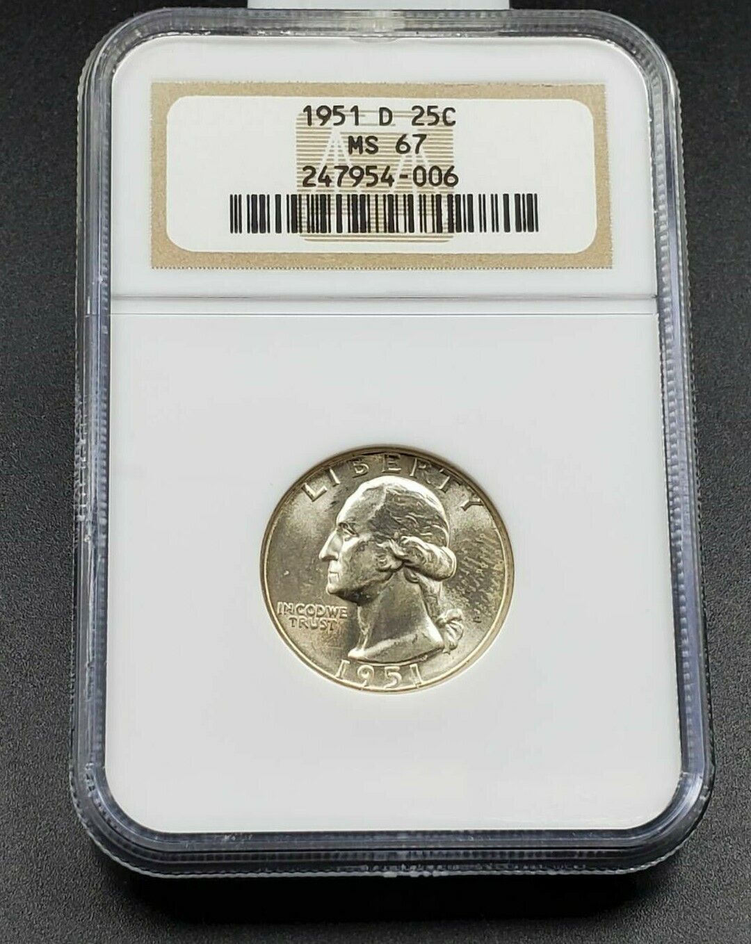 1951 D 25C Washington Quarter Coin NGC MS67 GEM BU ANA Brown Label Holder