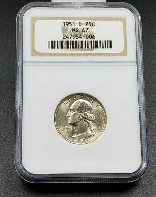 1951 D 25C Washington Quarter Coin NGC MS67 GEM BU ANA Brown Label Holder