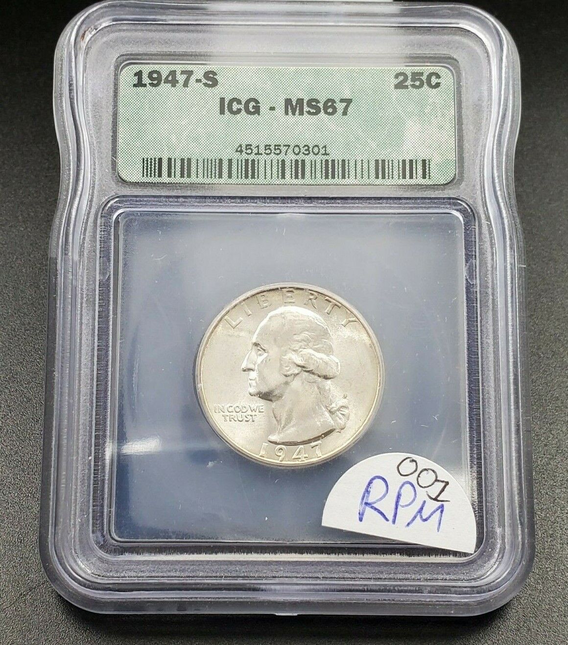 1947 S S/S Washington Silver Quarter Variety Coin ICG MS67 RPM 001 FS-501