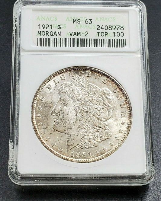 1921 p Morgan Silver Dollar Variety Coin ANACS MS63 VAM-2 CONECA TOP100 Label