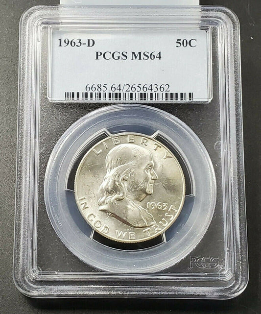 1963 D Franklin Silver Half Dollar Coin PCGS MS64 CH BU Last Year of Type