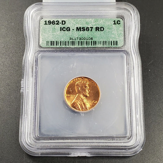 1962 D Lincoln Memorial Cent Penny Coin Vintage Retro ICG MS67 RD Red GEM BU