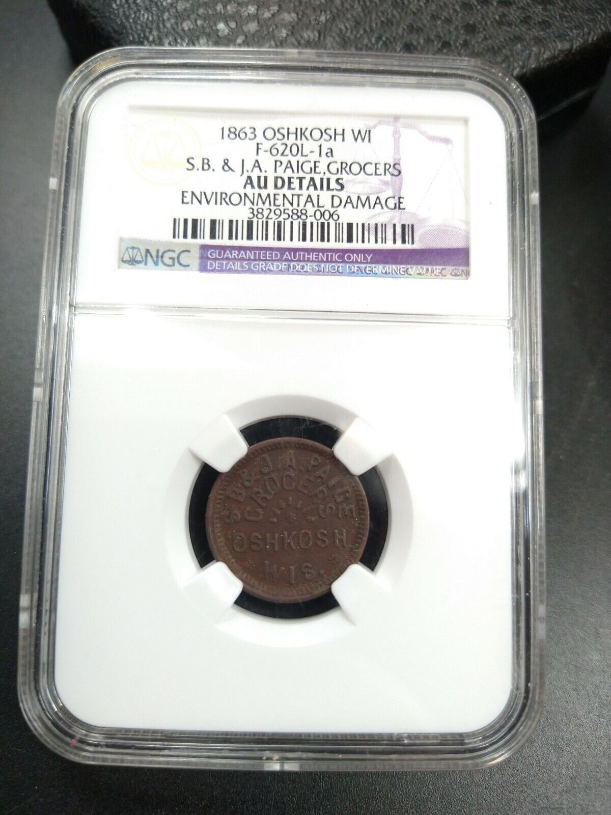 1863 Oshkosh Wisconsin Civil War Token SB JA Paige grocers F620L1A AU Detail NGC