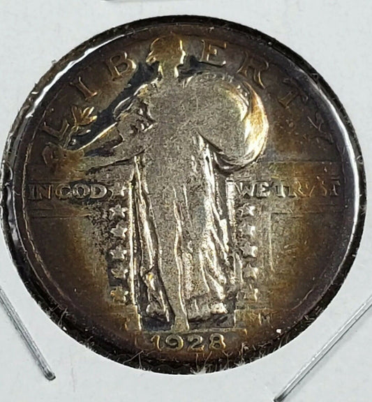 1928 25c Standing Liberty Silver Quarter Coin Circulated Neat Toning Toner