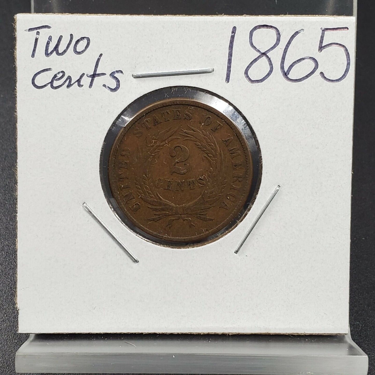 1865 2C Two Cent Copper Coin Piece Average VF Very Fine Circulated