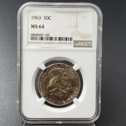 1963 p Franklin Silver Half Dollar Coin NGC MS64 CH BU PQ Neat Toning Toner OBV