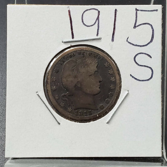 1915 S Barber Silver Quarter Coin Average VG Circulated Toned
