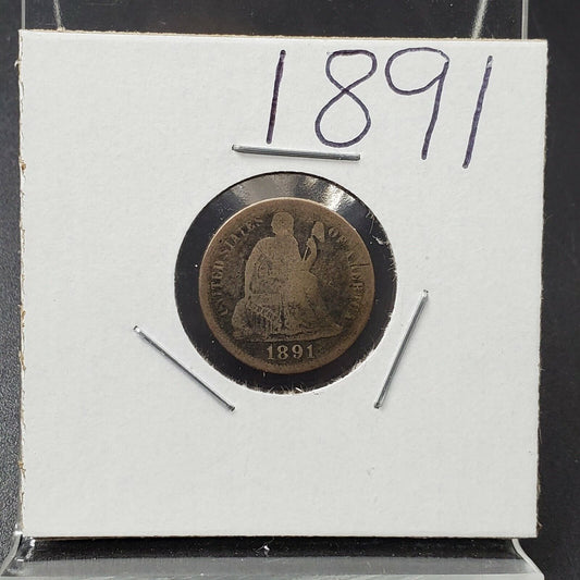 1891 P SEATED LIBERTY SILVER DIME COIN AG About Good Last year of type