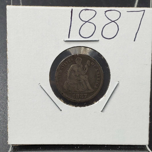 1887 P SEATED LIBERTY SILVER DIME COIN Average G Good Last Year of Type