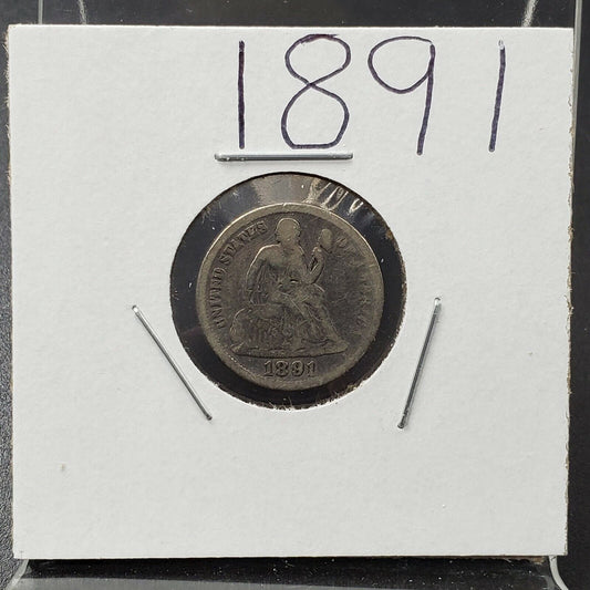 1891 P SEATED LIBERTY SILVER DIME COIN Average G Good Last Year of Type