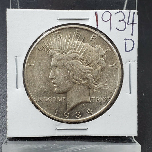 1934 D $1 Peace Silver Eagle Dollar Coin Average XF Circulated Last Denver Issue