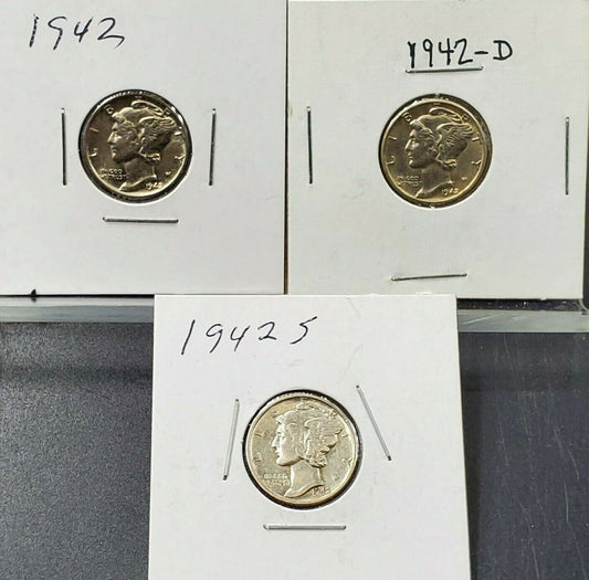 1942 BU P AU D AU S WW2 Mercury Silver Dime 3 Coin AU/BU Set World War Two Coins