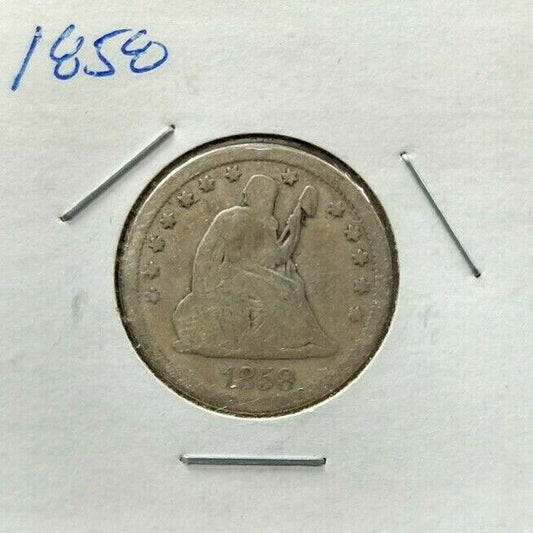 1858 P Seated Liberty Silver Quarter Coin AVG AG / G Good Condition Full Date
