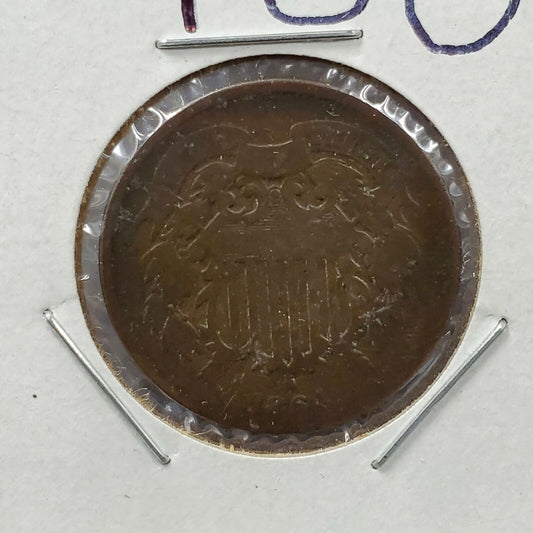 1864 P 2C Two Cent Copper Coin Piece Choice AG About Good / Good Neat Toning