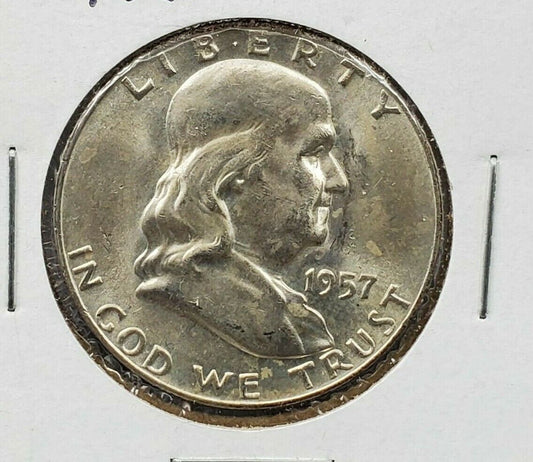 1957 D Franklin Silver Half Dollar Coin Choice BU UNC Neat Light Toning