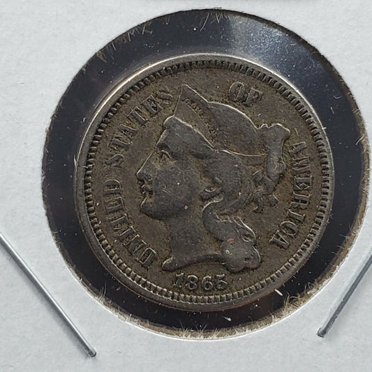1865 3c Liberty Three Cent Nickel Coin Choice VG Very Good / Fine