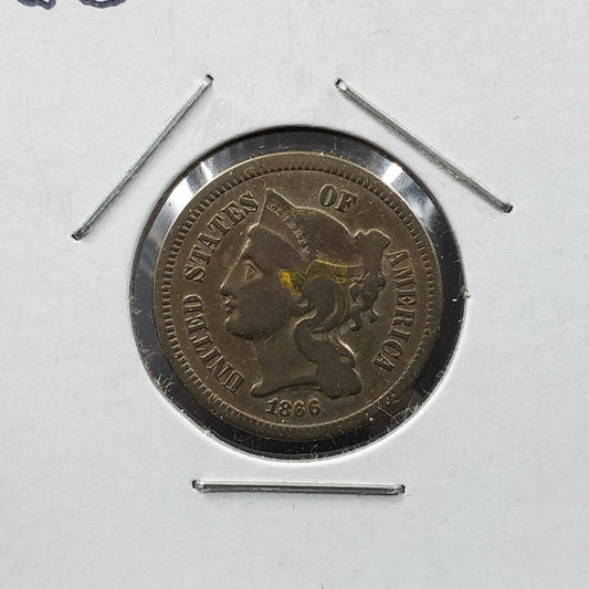 1866 3c Liberty Three Cent Nickel Coin VF Very Fine Detail