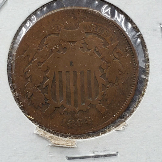 1864 2C Two Cent Copper Coin Piece Choice AG / Good Full Date Large Motto