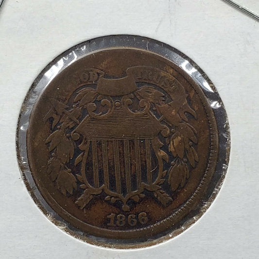 1866 2C Two Cent Copper Coin Piece Choice F Fine Circulated Nice