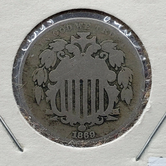 1869 5c Shield Nickel Coin Average Circulated Choice AG About Good Damage Free