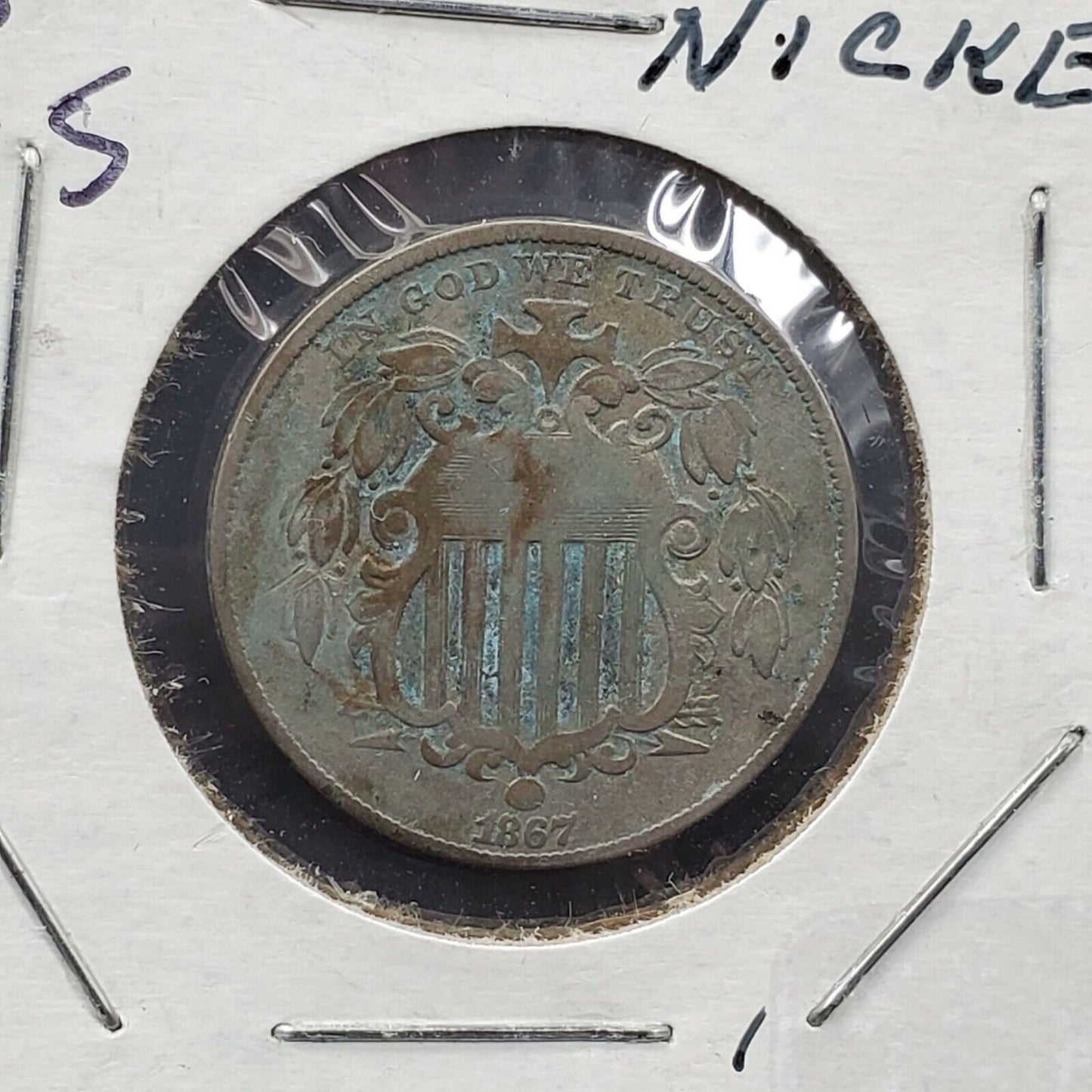 1867 5c Shield Nickel Coin Average Circulated VG Very Good Details ED No Rays