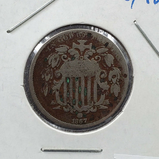 1867 5c Shield Nickel Coin Average Circulated AG Details ED