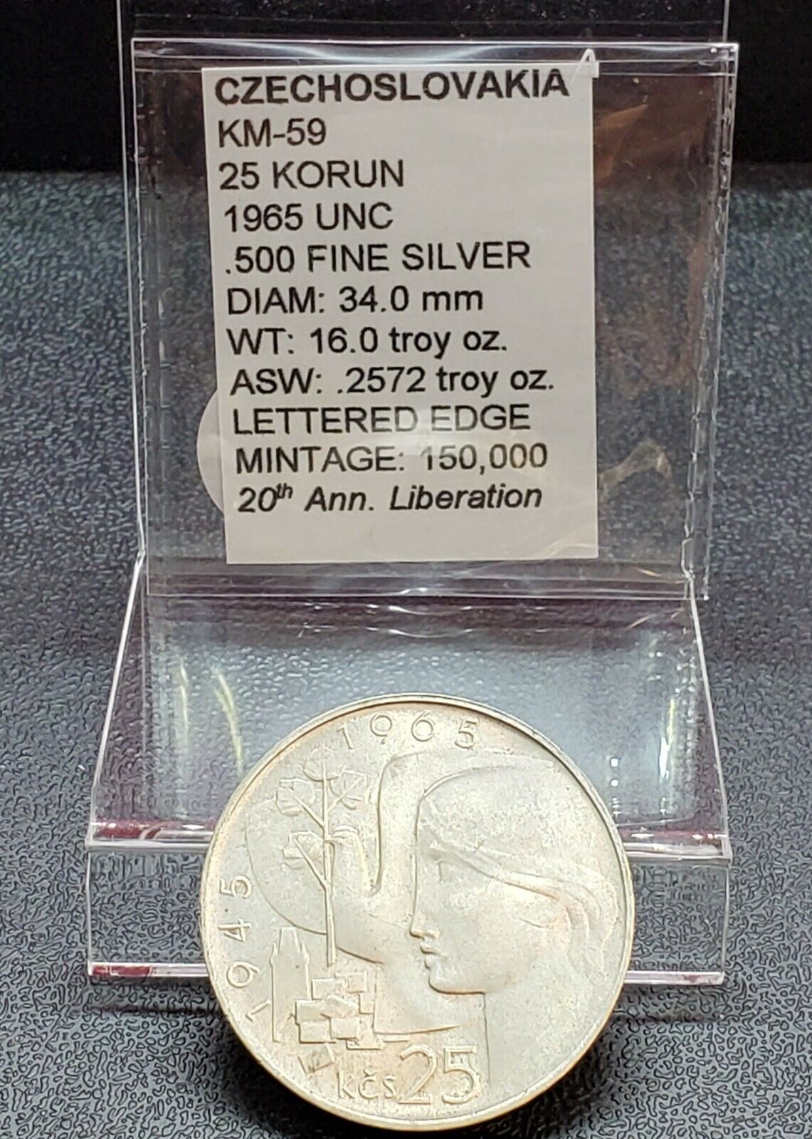 1965 Czechoslovakia 25 Korun .500 Fine Silver GEM BU Silver COMMEMORATIVE Coin