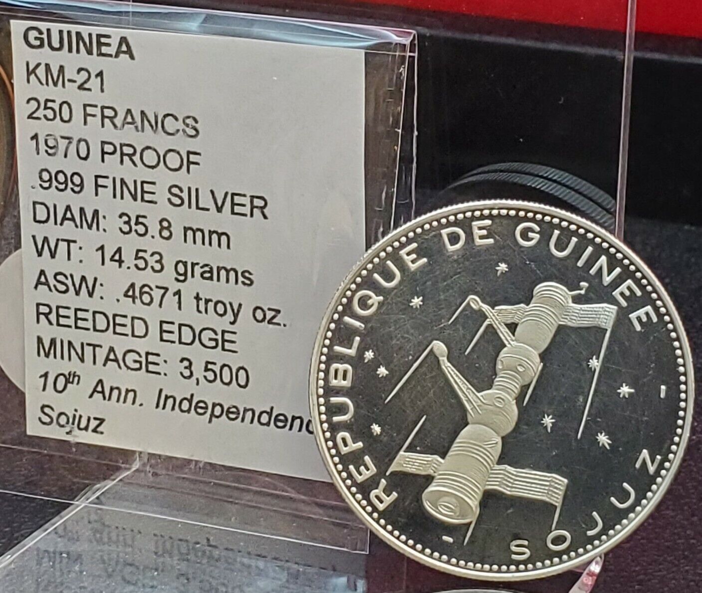 1970 Republic of Guinea Silver Proof 250 Francs Guineens Coin Soyuz Spacecraft
