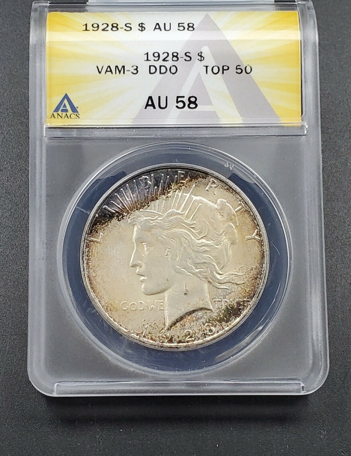 1928 S Peace Dollar Variety ANACS AU58 DDO VAM-3 DBL Toner
