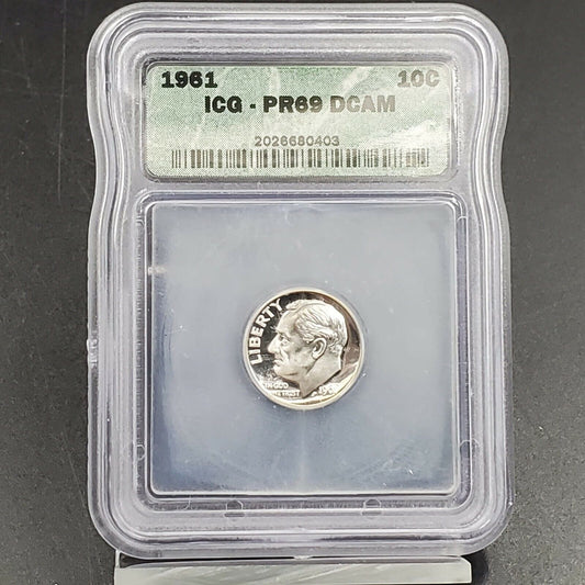 1961 P Roosevelt Silver Proof Dime Coin ICG PR69 DCAM Deep Cameo Correct Graded