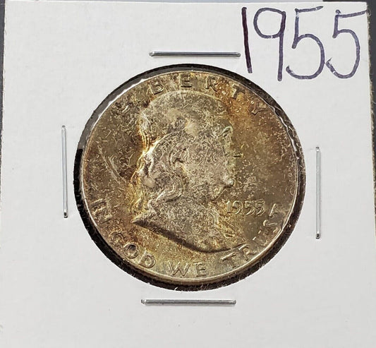 1955 P Franklin Silver Half Dollar Coin PQ * Original amber toning Choice AU