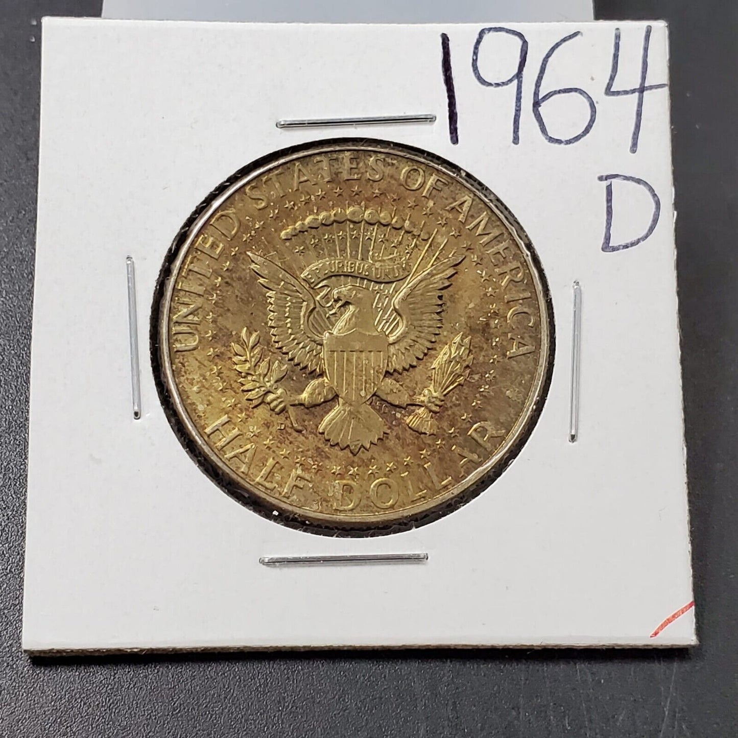 1964 D Kennedy 90% Silver Half Dollar Coin PQ End of Roll Toning Toner Reverse
