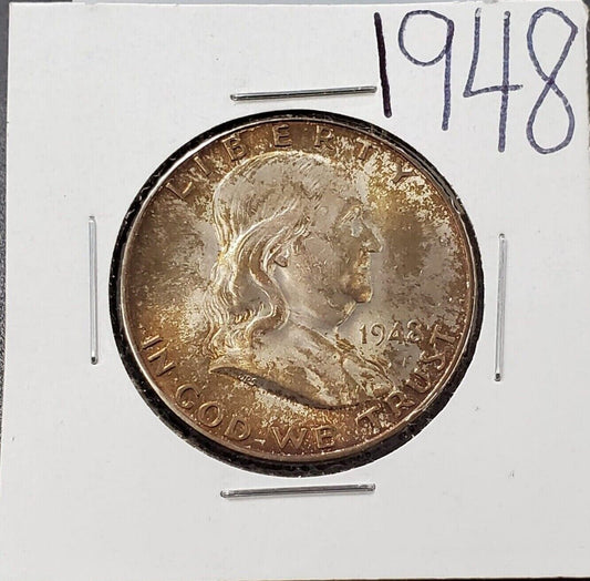 1948 P Franklin Silver Half Dollar Coin BU UNC PQ Amber Toning Toner Original