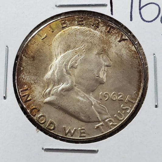 1962 D Franklin Silver Half Dollar Coin CH BU UNC PQ Toning Amber Toner