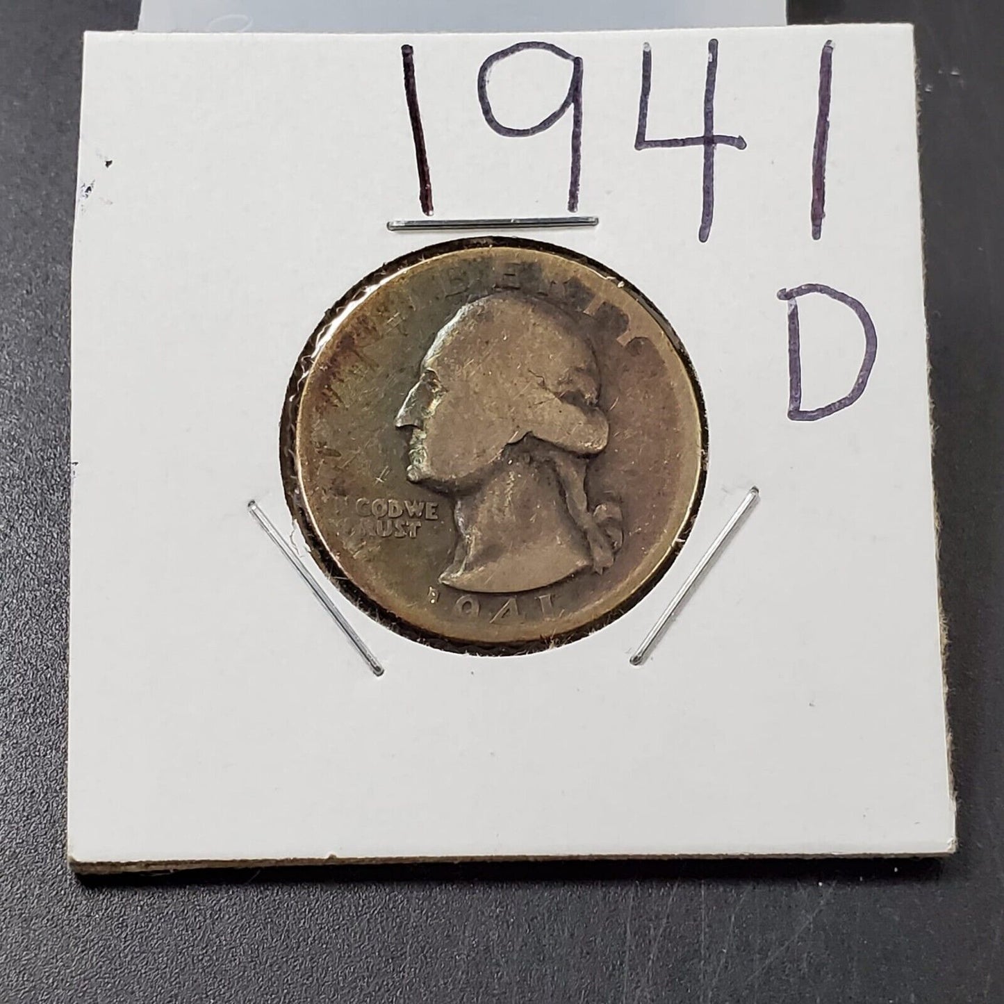 1941 D Washington Silver Quarter Coin AG/Fair PQ Circ toning obverse Original