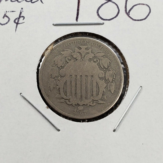 1867 Shield Nickel Five Cents Coin No Rays CVG Very Good Circulated